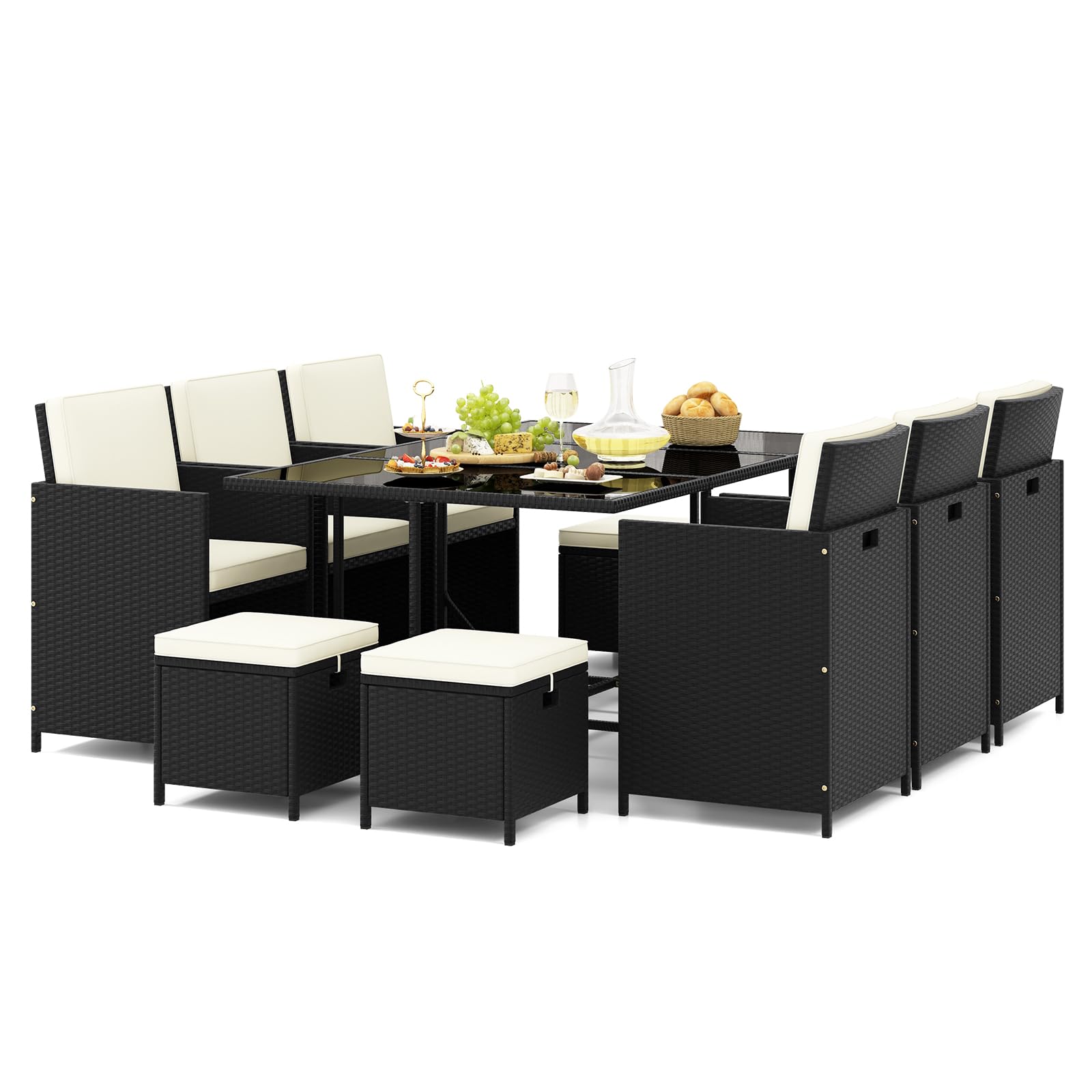 Ensemble de salle à manger Tangkula 11 pièces pour patio, chaises en osier peu encombrantes et table en verre trempé avec poufs